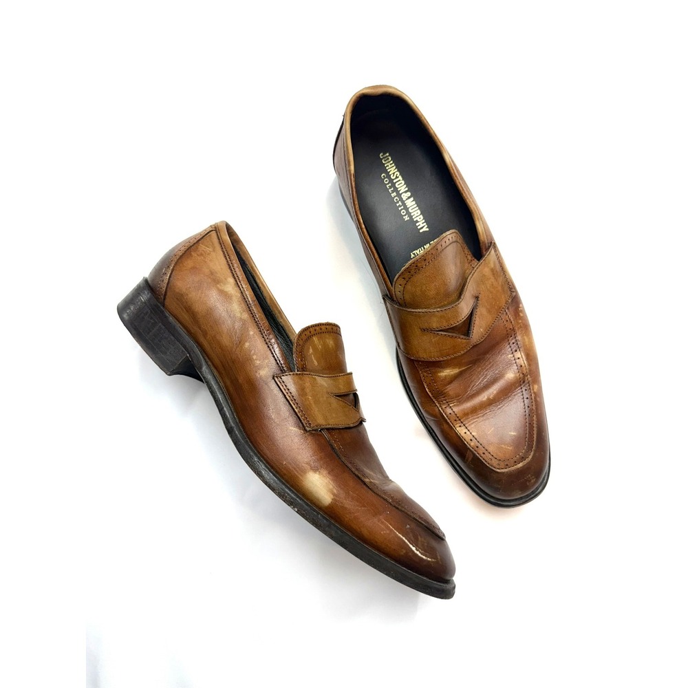 JOHNSTON & MURPHY Mens 9.5 Brown Italian Leather Penny Loafer Slip On Shoes #15